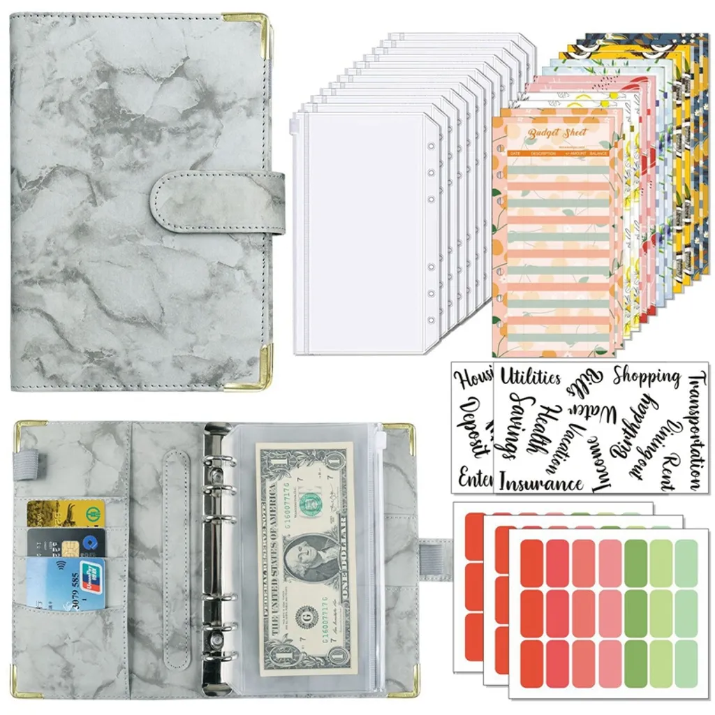 A6 Binder Budgetplaner, Marmoriertes Kunstleder Notizbuch mit 12 Binder Binder, Notizbücher (Grau)